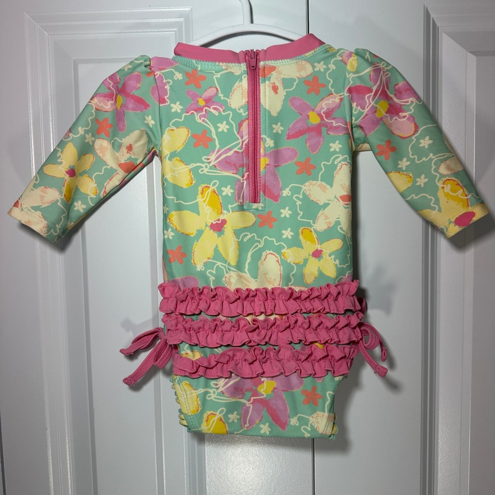 RuffleButts Swimsuit 0-3m Green Floral Long Sleeve Ruffle Rash Guard One Piece